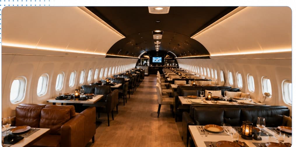 The dining cabin of an aircraft restaurant: leather booths, set tables and a lit ceiling running the length of the fuselage